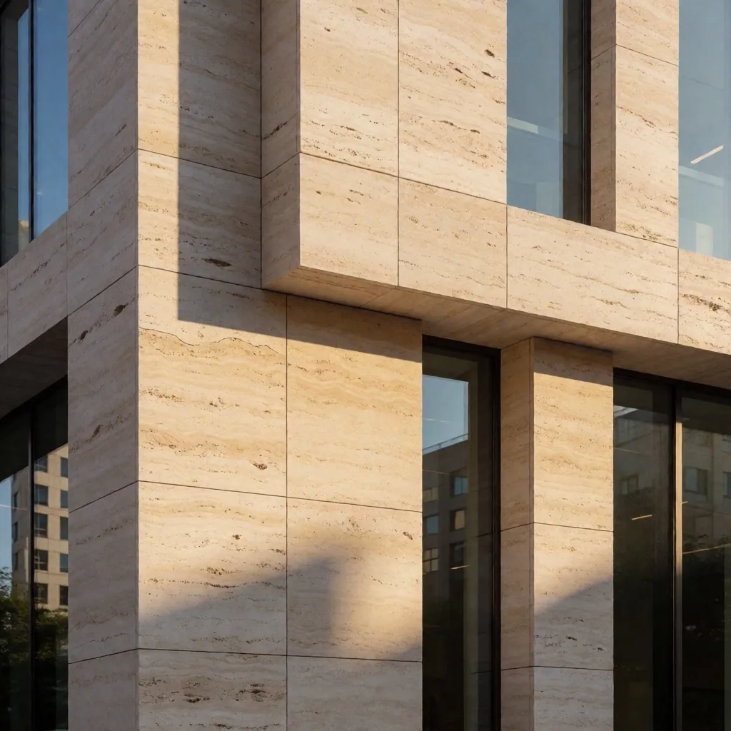 Levent'te modern bir ofis binasının traverten cephesi
